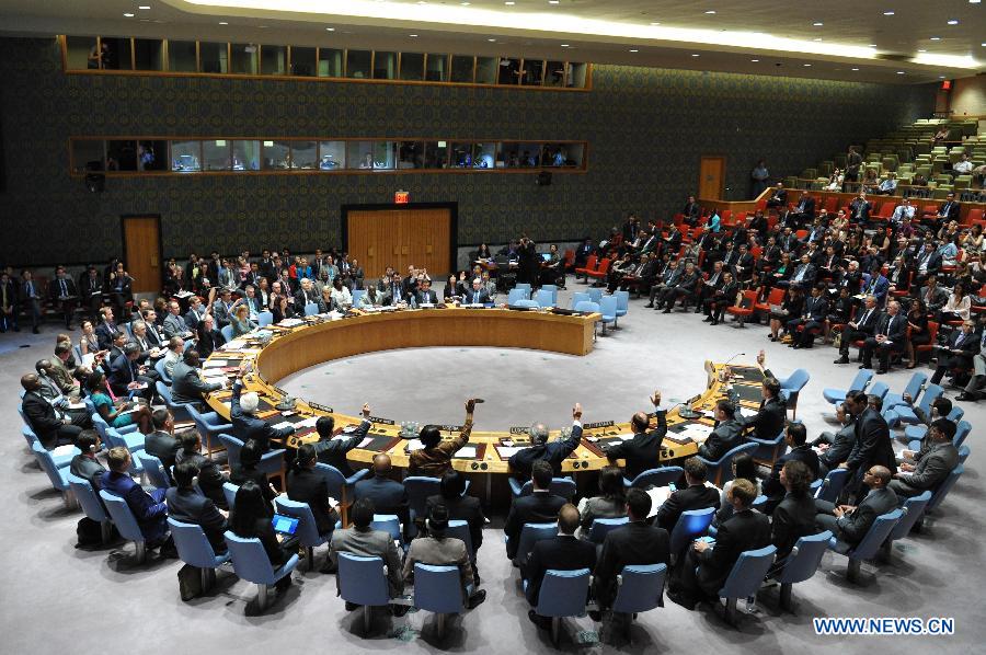 The United Nations Security Council vote on a draft resolution regarding the Malaysian Airlines MH17 crash, at the UN headquarters in New York, on July 21, 2014. The UN Security Council on Monday approved a resolution demanding safe and unrestricted access to the MH17 crash site, and calling for full cooperation with the international investigation. (Xinhua/Niu Xiaolei)
