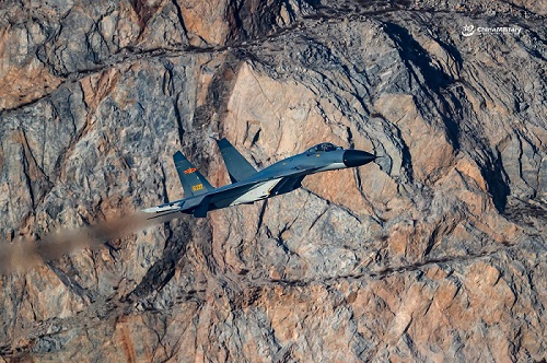J-11B fighter jet flies through valleys