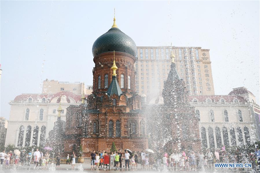 People have fun around musical fountain in NE China's Harbin