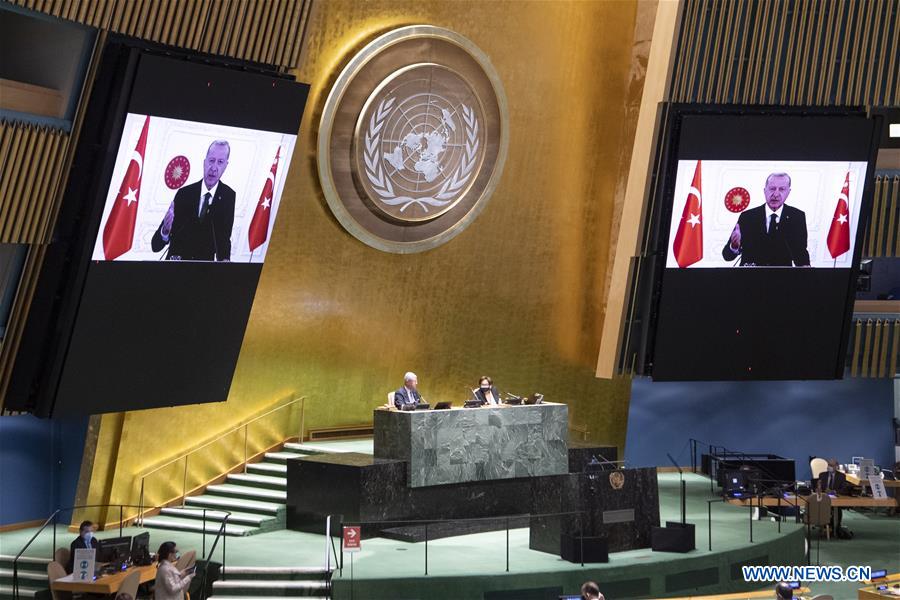 Turkish President Recep Tayyip Erdogan (on the screens) addresses a high-level meeting on the 25th Anniversary of the Fourth World Conference on Women at the United Nations headquarters in New York, on Oct. 1, 2020. (Eskinder Debebe/UN Photo/Handout via Xinhua)