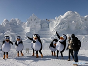 游客在中国北方大唐镇欣赏冰雕