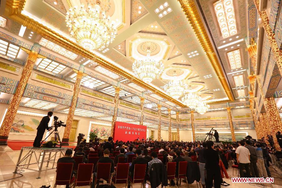 The first press conference of the 18th National Congress of the Communist Party of China (CPC) is held at the Great Hall of the People in Beijing, capital of China, on Nov. 7, 2012. The 18th CPC National Congress will be opened in Beijing on Thursday. (Xinhua/Ding Lin)