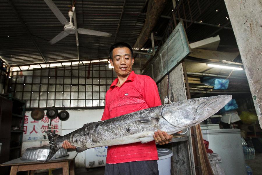 A fisherman presents his capture after fishing, on the Yongxing Island, municipal government seat of Sansha, south China's Hainan Province, Nov. 9, 2012. (Xinhua/Zheng Huansong)