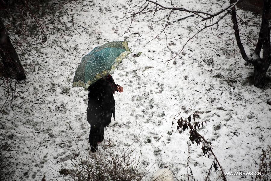 A citizen walks in snow in Jilin City, northeast China's Jilin Province, Nov. 12, 2012. A cold front is sweeping across the country's northern areas, bringing heavy snow and blizzards. (Xinhua) 