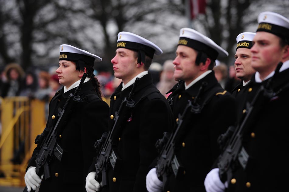 The navy soldiers of Lativa are in the military parade to celebrate the 94th anniversary of Latvia’s independent day. (Xinhua/Guo Qun)