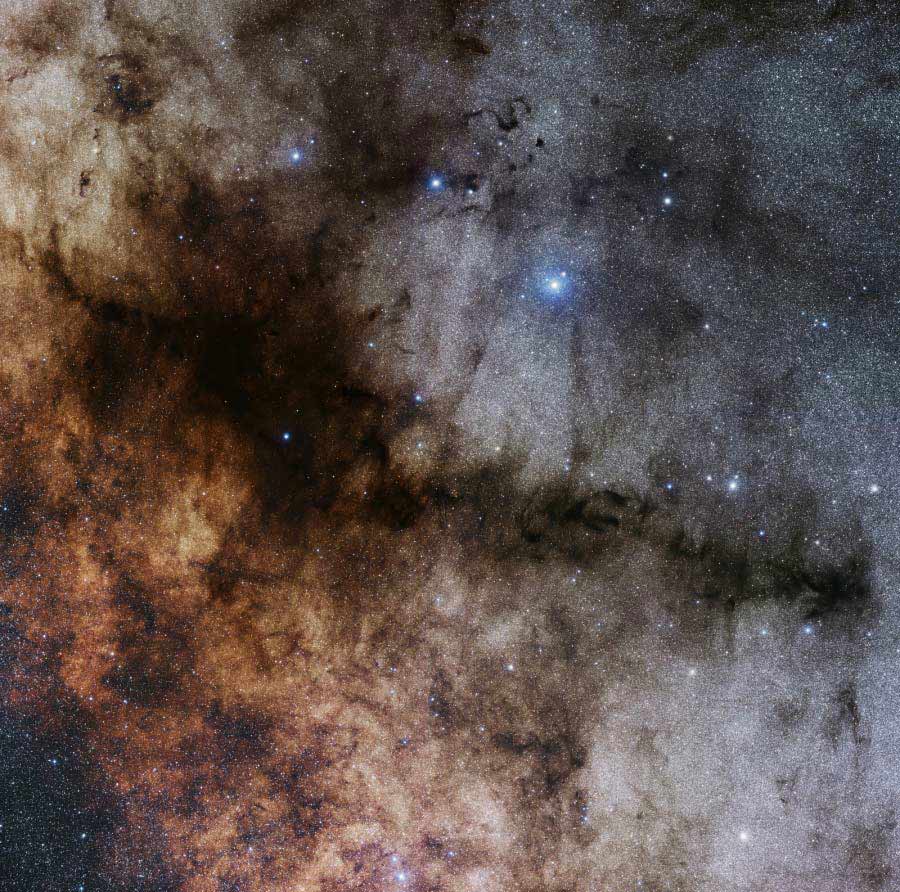 The Pipe Nebula. East of Antares, dark markings sprawl through crowded star fields toward the center of our Milky Way Galaxy. (Photo/ NASA) 