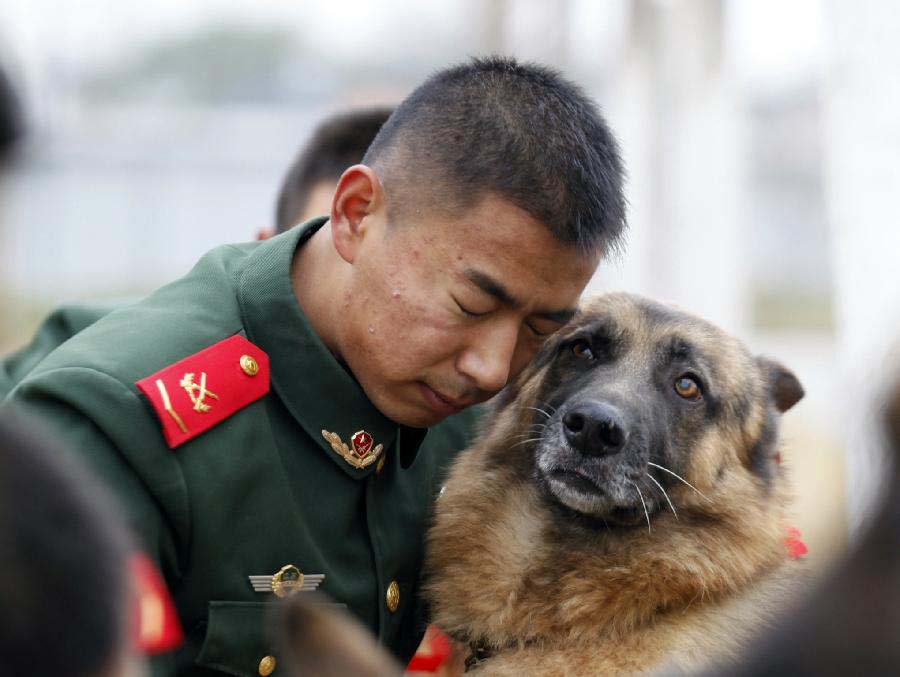 A dog handler hugs his police dog which has completed military service in Jiangsu Armed Police Corps in Nanjing, capital of east China's Jiangsu Province, Nov. 23, 2012. Five police dogs have to leave the corps as their term of military service is due. (Xinhua/Li Ke) 