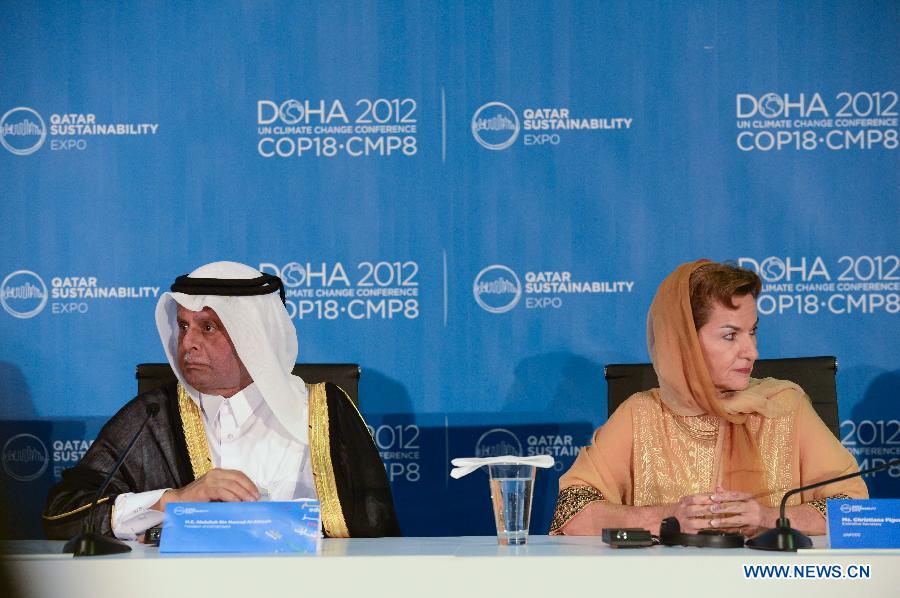 Abdullah bin Hamad Al-Attiyah (L), president of the 18th Conference of the Parties (COP18) to the United Nations Framework Convention on Climate Change (UNFCCC), and UNFCCC Executive Secretary Christiana Figueres hold a press conference after the opening of Qatar Sustainability Expo at the Doha Exhibition Center (DEC) in Doha, Nov. 26, 2012. Qatar Sustainability Expo, a demonstration of various environmentally-friendly technology projects from Qatar and abroad, opened at the DEC on Monday. (Xinhua/Li Muzi) 