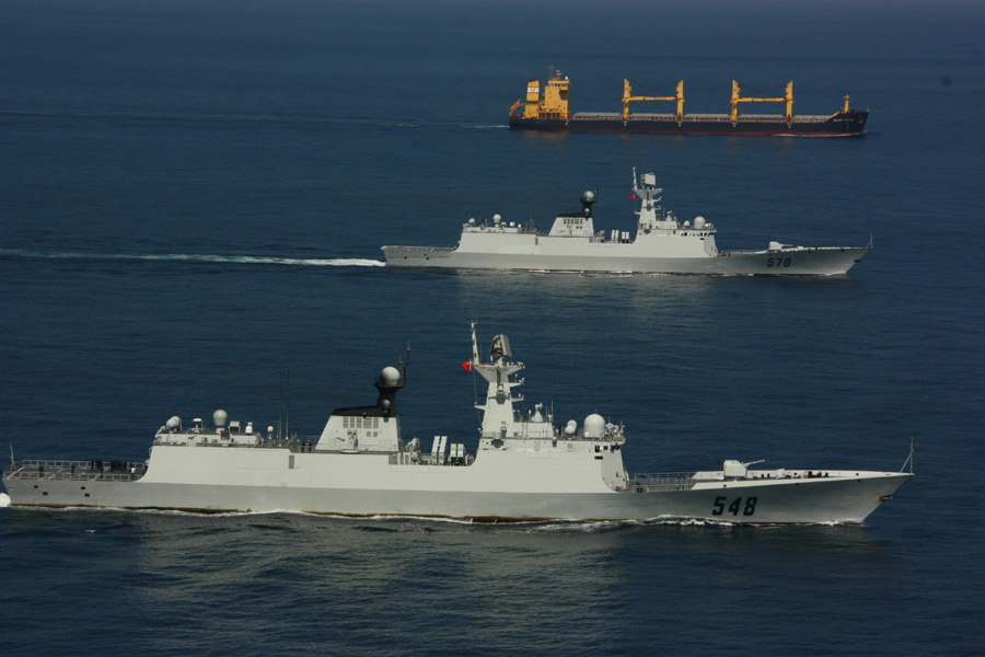 The 12th and the 13th Chinese naval escort taskforces under the Navy of the Chinese People's Liberation Army (PLA) held a separation ceremony in the western waters of the Gulf of Aden on November 27, 2012 after they have successfully completed their two joint escort missions. (Xinhua/Zhu Shaobin)