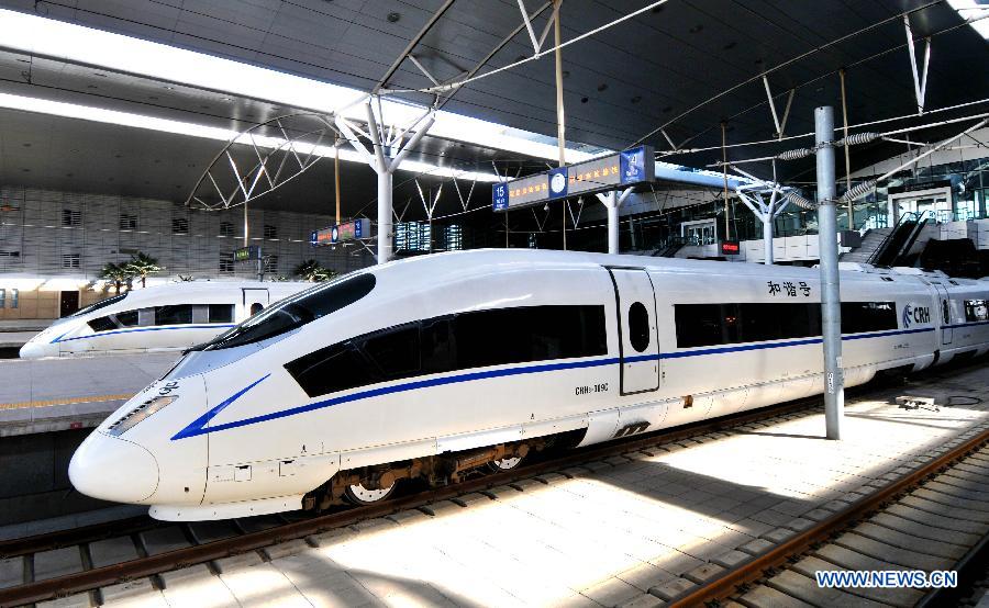 A high-speed train stops at Tianjin Railway Station in Tianjin, north China, Dec. 5, 2012. China's electric railway mileage has surpassed 48,000 kilometers, ranking first in the world, the China Railway Engineering Corporation Railway Electrification Bureau Group Co., Ltd. (EEB) said on Dec. 4, 2012. Wang Zuoxiang, head of the EEB technology department, said the country started to build electric railways in 1958, and in just over half a century, the mileage has exceeded that of Russia, the former country with the most electric railway mileage. (Xinhua/Yang Baosen)