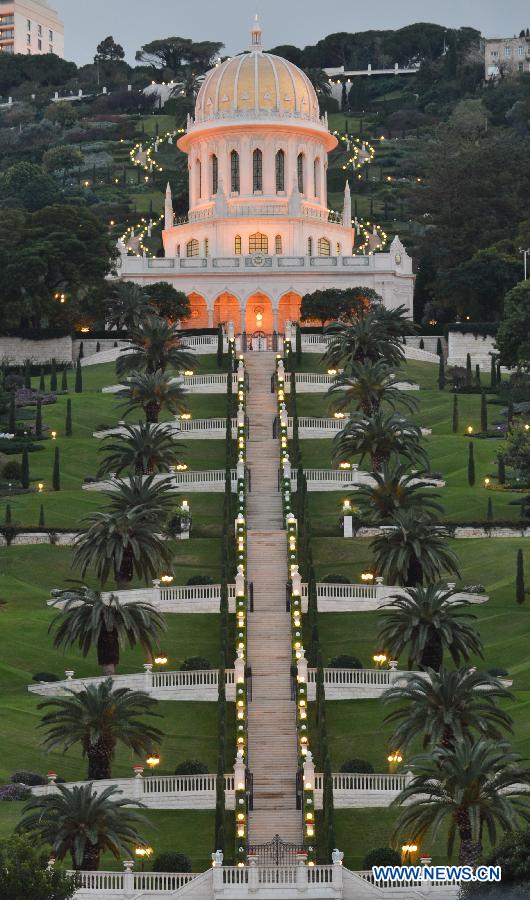 Photo shows the Baha'i Gardens in Haifa, north Israel. The Baha'i Gardens in Haifa comprise a staircase of nineteen terraces extending all the way up the northern slope of Mount Carmel. The geometry of the complex is built around the axis connecting it with the City of Akko. At its heart stands the golden-domed Shrine of the Bab, which is the resting place of the Prophet-Herald of the Baha'i Faith. (Xinhua/Yin Dongxun) 