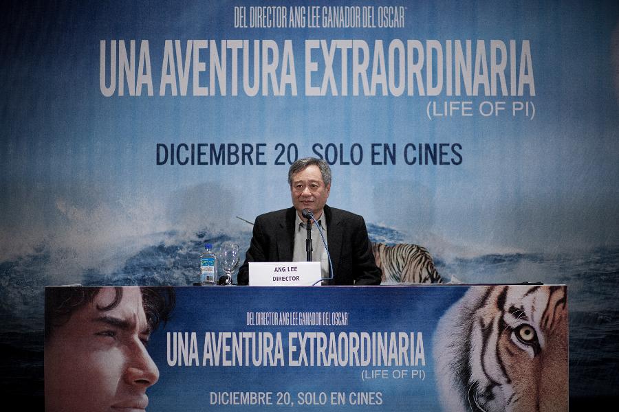 Film director Ang Lee attends a news conference to promote his latest film "Life of Pi" in Mexico City, capital of Mexico, on Dec. 13, 2012. Ang Lee was in Mexico promoting his latest film which was nominated for the 70th Golden Globes Awards for Best Motion Picture - Drama, Best Director and Best Original Score. The film will premiere in Mexico on Dec. 20. (Xinhua/Pedro Mera) 
