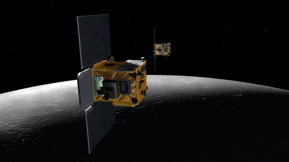 The Photo released by U.S. space agency NASA shows an artist's depiction of Ebb and Flow, the Gravity Recovery and Interior Laboratory (GRAIL) mission probes. Twin NASA spacecraft orbiting the moon ended their mission by crashing into a lunar mountain on purpose Dec. 17, 2012, NASA announced. (Photo/Xinhua)