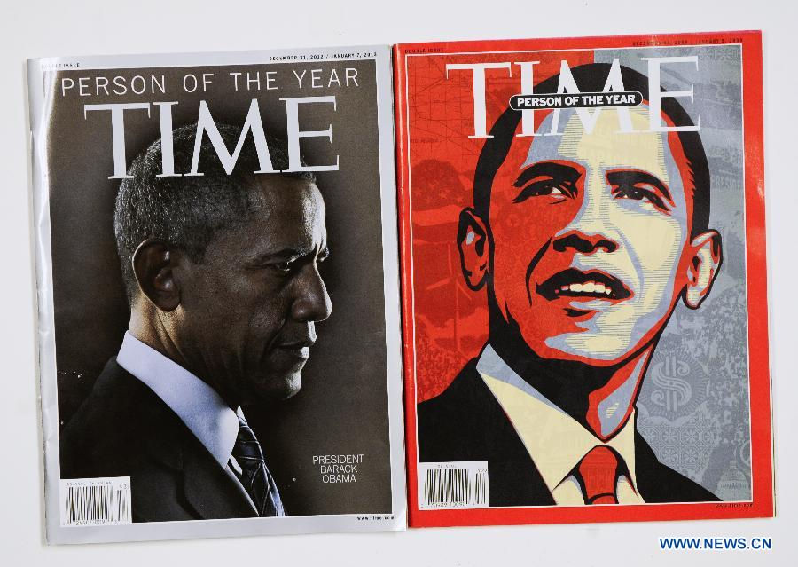 Photo taken on Dec. 21, 2012 in Washionton shows the Time magazine with the cover of Obama who is the person of the year in 2012 (L) and 2008. Time magazine on Wednesday named the recently re-elected US President Barack Obama as its person of the year for 2012 -- the second time it has accorded him this honor. (Xinhua/Zhang Jun)