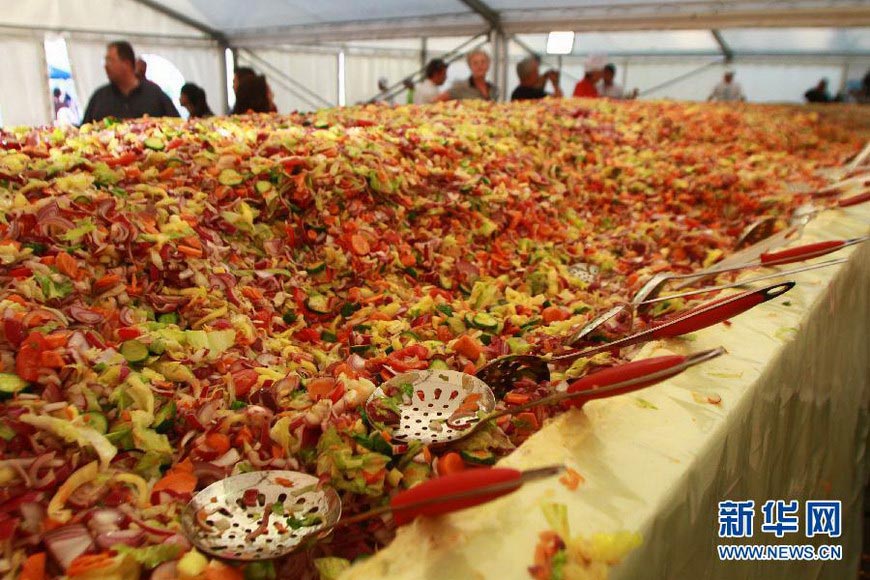 The world's biggest vegetable salad is seen during a Guinness World Record attempt in Bucharest, Romania, Sept. 23, 2012. The salad is made of four tons each of green salad and cucumbers two tons each of sweet peppers, onions and carrots, 400 kg olives, 400 liters of olive oil and 400 kg of salt. (Photo/Xinhua)