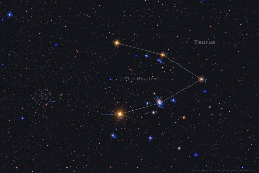 Hyades for the Holidays. Recognized since antiquity and depicted on the shield of Achilles according to Homer, stars of the Hyades cluster form the head of the constellation Taurus the Bull. Their general V-shape is anchored by Aldebaran, the eye of the Bull and by far the constellation's brightest star. (Photo/ NASA)