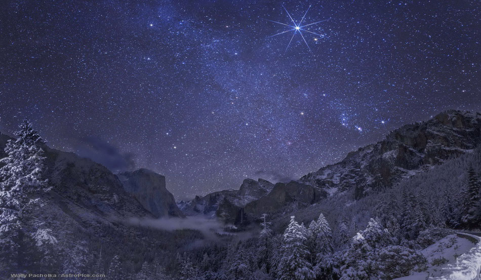 Yosemite Winter Night. In this evocative night skyscape a starry band of the Milky Way climbs over Yosemite Valley, Sierra Nevada Range, planet Earth. (Photo/ NASA)