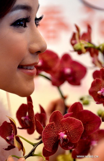 A model presents flowers at a press conference aimed at promoting the upcoming Seventh Hong Kong Lunar New Year Flower Market in Hong Kong, south China, Jan. 2, 2013. The flower market is to kick off on Jan. 25, 2013. (Xinhua/Chen Xiaowei)  