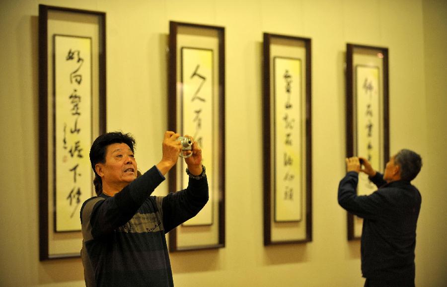 A visitor takes photos at a tour exhibition of Venerable Master Hsing Yun's One-Stroke Calligraphy held at the Hainan Provincial Museum in Haikou, capital of south China's Hainan Province, Jan. 8, 2013. A total of 55 calligraphy works by master Hsing Yun were on display at the exhibition that will last until Jan. 20. (Xinhua/Guo Cheng) 