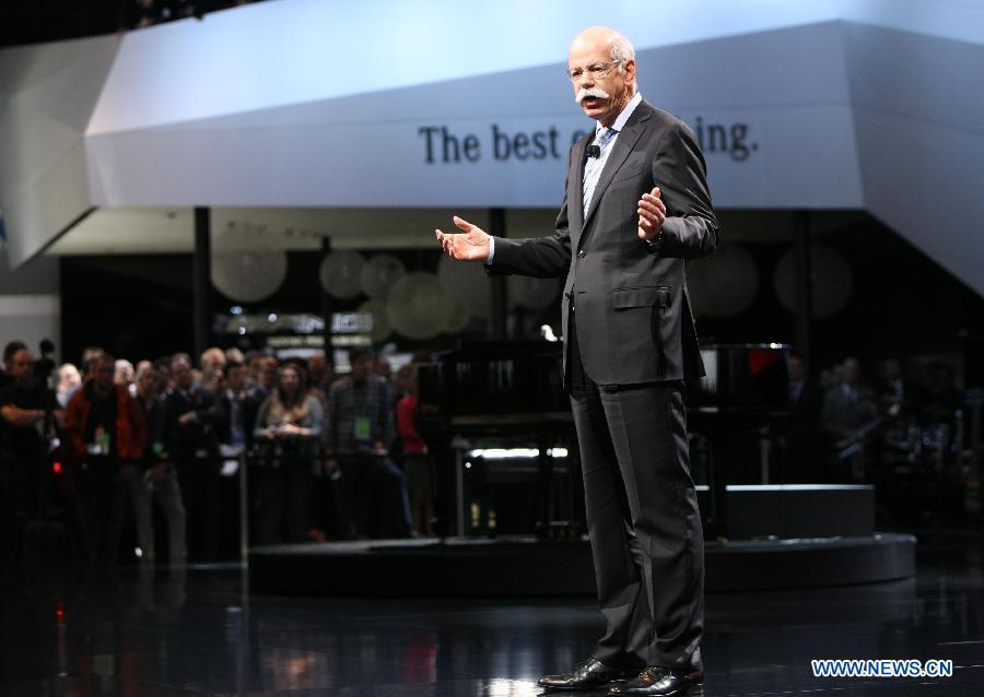 Daimler AG Chairman and CEO Dieter Zetsche speaks on stage at the 2013 North American International Auto Show media preview at the Cobo Center in Detroit, the United States, Jan. 14, 2013. More than 50 new cars made their public debut at the annual show. After the preview week, the auto show will open to the public from Jan. 19 to 27. More than 800,000 visitors are expected to attend the show. (Xinhua/Fang Zhe)