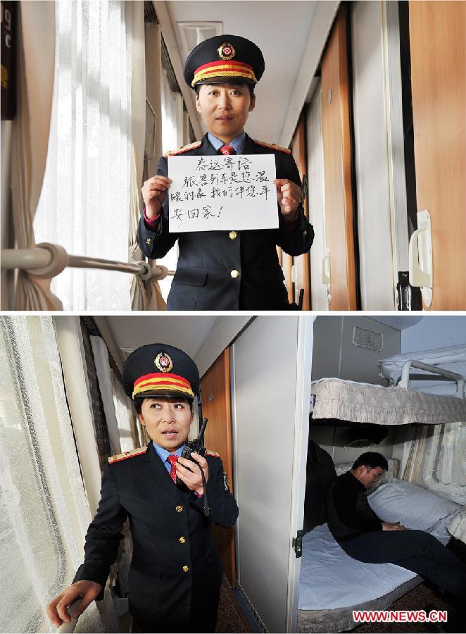 Combination photo taken on Jan. 16, 2013 shows train conductor Wang Lan talks to his crew via an interphone on a train from Yinchuan, capital of northwest China's Ningxia Hui Autonomous Region, to Beijing, capital of China, in the upper photo and she expresses her wish on a paper that the train could safely send passengers to home in the lower photo. With the approach of the Spring Festival, the most important family union festival in China, railway staff members have fully prepared to receive the upcoming travel season. (Xinhua/Peng Zhaozhi) 