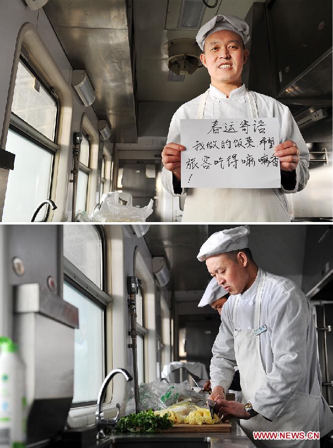 Combination photo taken on Jan. 16, 2013 shows train chef Wang Yuqing prepares dinner for passengers on a train from Yinchuan, capital of northwest China's Ningxia Hui Autonomous Region, to Beijing, capital of China, in the lower photo and he expresses his wish on a piece of paper that all passengers could have a good appetite in the upper photo. With the approach of the Spring Festival, the most important family union festival in China, railway staff members have fully prepared to receive the upcoming travel season. (Xinhua/Peng Zhaozhi) 