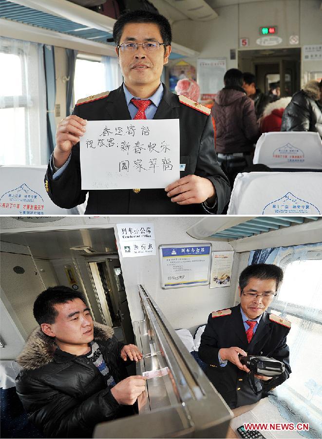 Combination photo taken on Jan. 16, 2013 shows train attendant Wang Minghui helps a passenger buy a replacement ticket on a train from Yinchuan, capital of northwest China's Ningxia Hui Autonomous Region, to Beijing, capital of China, in the lower photo and he expresses his wish on a piece of paper that all passengers could have a happy festival in the upper photo. With the approach of the Spring Festival, the most important family union festival in China, railway staff members have fully prepared to receive the upcoming travel season. (Xinhua/Peng Zhaozhi)