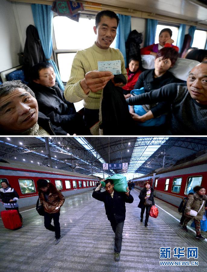 A combined photo shows Wu Linzhong presenting the standing ticket (above) on Jan. 21, 2013, and heading to coach station after alighting from the train on Jan. 19, 2013. Wu works in Fuzhou alone as expressway constructor and supports the family in Fuyang, Anhui province. Wu had stand on the train for 28 hours. Because of illiteracy, Wu didn’t know how to use the Internet and phone call to book train ticket. “One of my friends helped me buy a standing ticket. We farmers are tough. I feel very happy to see my wife and child again,” said Wu. (Photo/Xinhua)