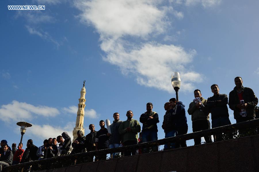 Egyptians participate in a rally in front of Al Qaed Ibrahim Mosque in Alexandria, the second biggest city of Egypt, on Jan. 25, 2013, marking the second anniversary of the 2011 unrest that toppled former leader Hosni Mubarak. (Xinhua/Qin Haishi)