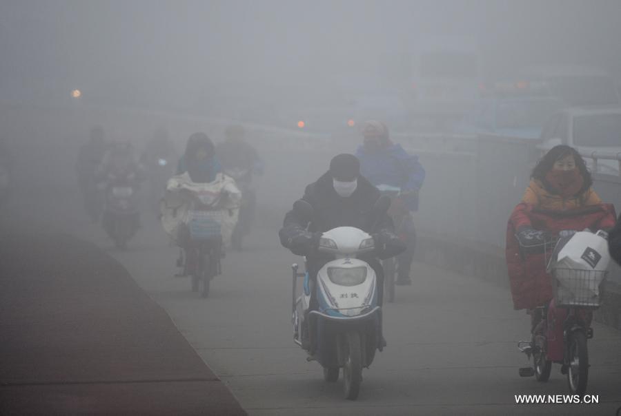 Citizens ride in heavy fog in Nanchang, capital of east China's Jiangxi Province, Jan. 26, 2013. (Xinhua/Zhou Ke) 