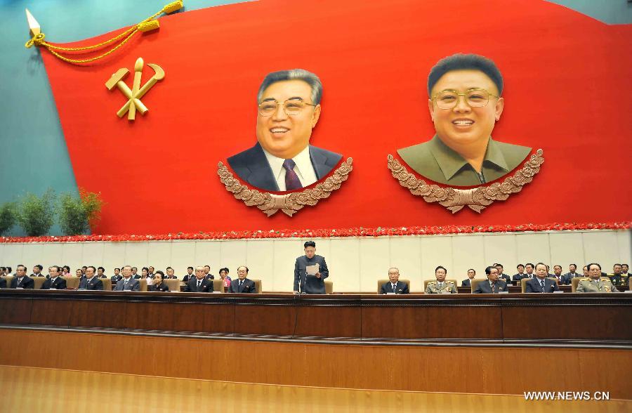 This photo provided by KCNA on Jan. 29, 2013 shows Kim Jong Un, first secretary of the Workers' Party of Korea (WPK) delivers an opening speech at the Fourth Meeting of Secretaries of Cells of the WPK in Pyongyang, the Democratic People's Republic of Korea (DPRK), on Jan. 28, 2013. The grassroots leaders' meeting of the WPK, which opened Monday, was attended by around 10,000 cadres from across the country, the official KCNA news agency reported Tuesday. (Xinhua/KCNA)