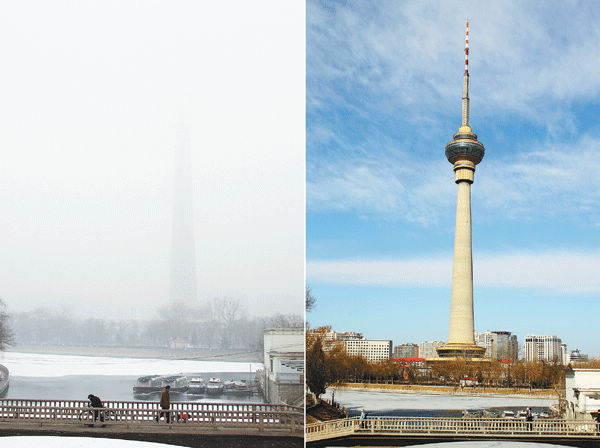Pictures of the Central TV Tower show the change in air quality in Beijing. On Jan 23 (left), the tower was virtually invisible, while on Friday (right), it stood out against a blue-sky backdrop. Beijing was enveloped in dense smog and haze for many days in January. (Zou Hong/China Daily)