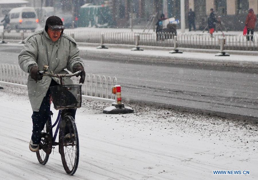 A citizen rides bicycle in the snow in Tianjin, north China, Feb. 3, 2013. A new round of cold snap has brought rain and snow to most parts of China. (Xinhua/Zhang Chaoqun) 