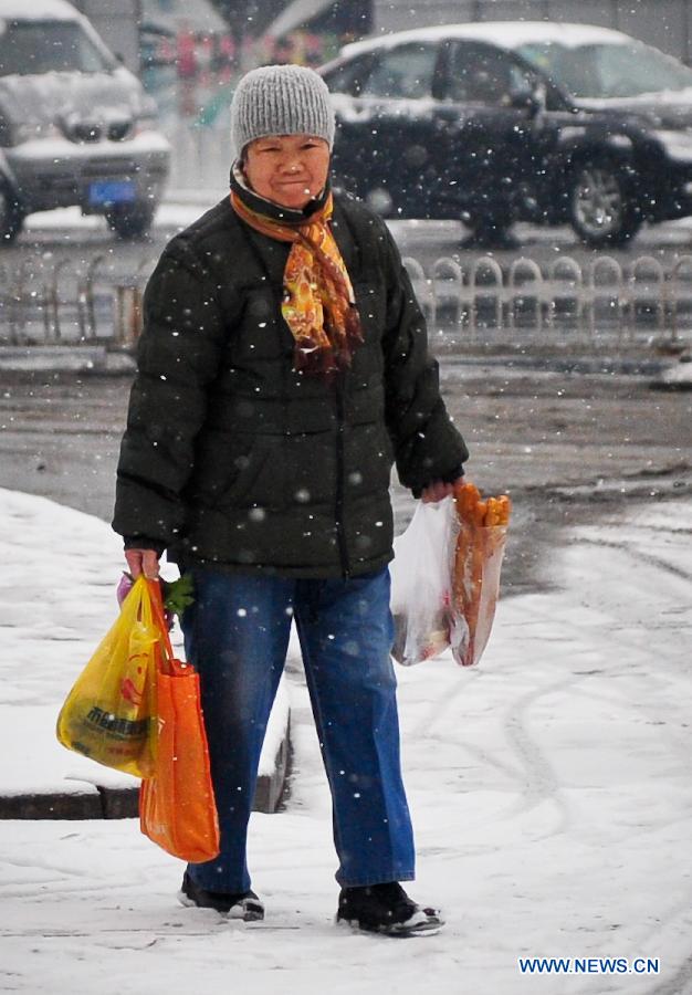 A citizen braves snow to walk home after buying breakfast in Tianjin, north China, Feb. 3, 2013. A new round of cold snap has brought rain and snow to most parts of China. (Xinhua/Zhang Chaoqun)