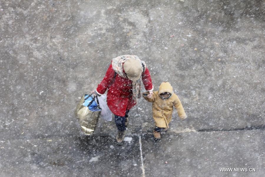A woman and a child walk in snow in Qingdao City, east China's Shandong Province, Feb. 5, 2013. (Xinhua/Huang Jiexian) 