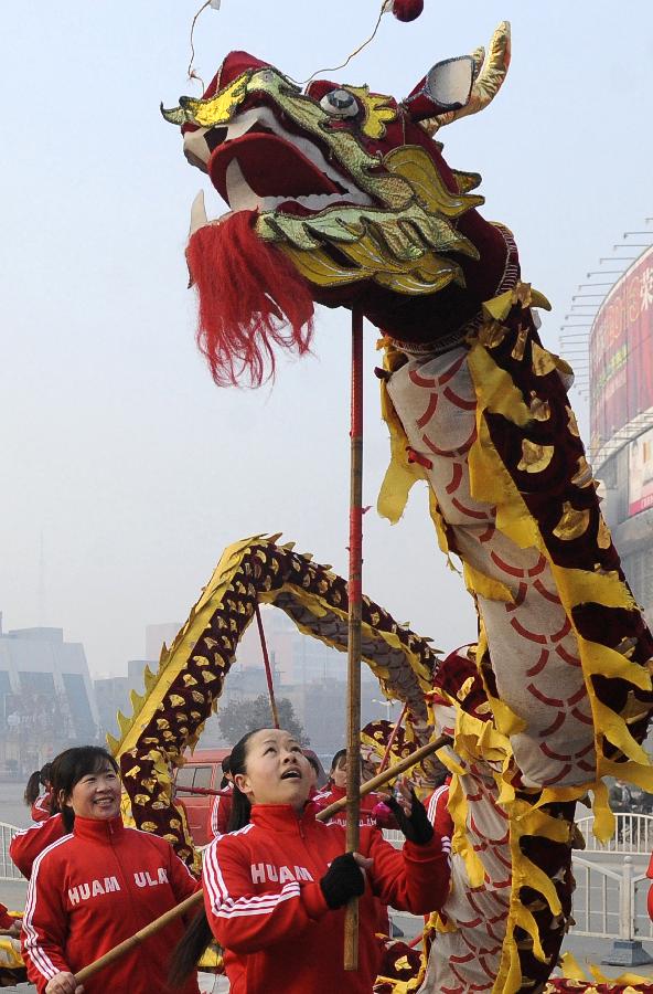A dragon dance team performs at a local event celebrating Chinese Lunar New Year, or Spring Festival, in Shangqiu, central China's Henan Province, Feb. 10, 2013. Various activities were held all over China on Sunday to celebrate the Spring Festival, marking the start of Chinese lunar Year of the snake. The Spring Festival falls on Feb. 10 this year. (Xinhua/Cui Shenyi) 