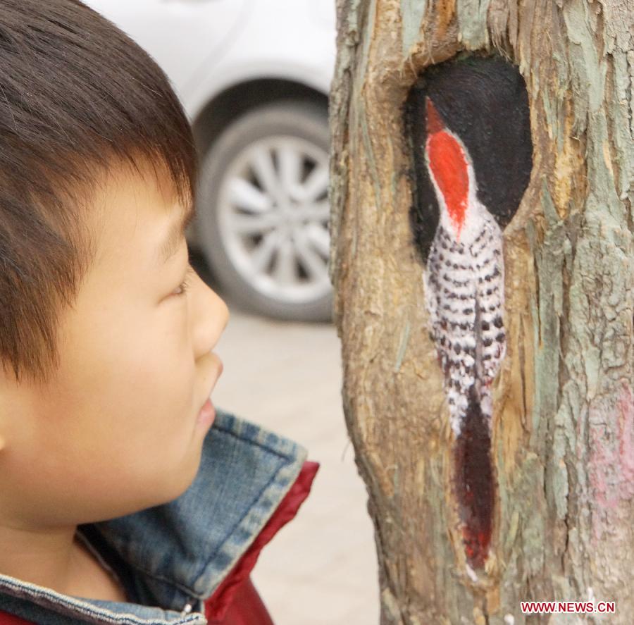 A child watches a tree hollow painting at Jiuzhong street in Shijiazhuang, capital of north China's Hebei Province, Feb. 24, 2013. Paintings in shade tree hollows by Wang Yue, a local art student, became an Internet sensation lately. (Xinhua/Ding Lixin)
