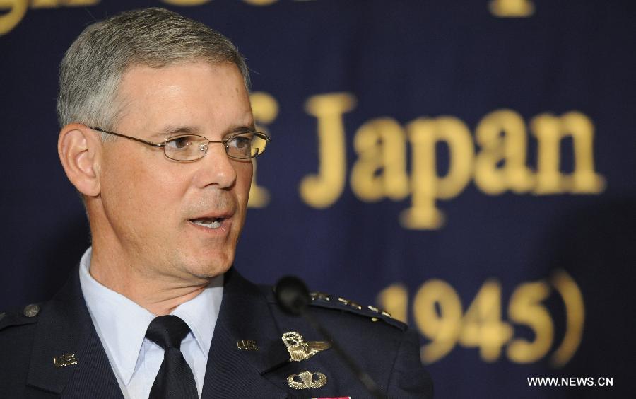 U.S. Forces Japan (USFJ) Commander Salvatore Angelella speaks during a news conference in Tokyo, Japan, Feb. 28, 2013. (Xinhua/Kenichiro Seki)