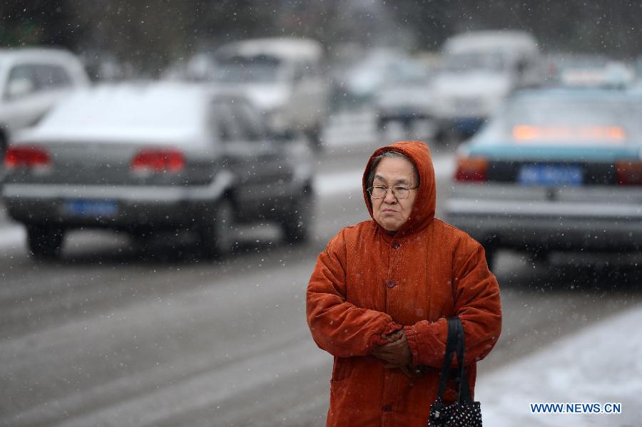 An old lady walks in the snow in Harbin, capital of northeast China's Heilongjiang Province, Feb. 28, 2013. Most areas of Heilongjiang witnessed snowfall on Thursday. (Xinhua/Wang Kai) 