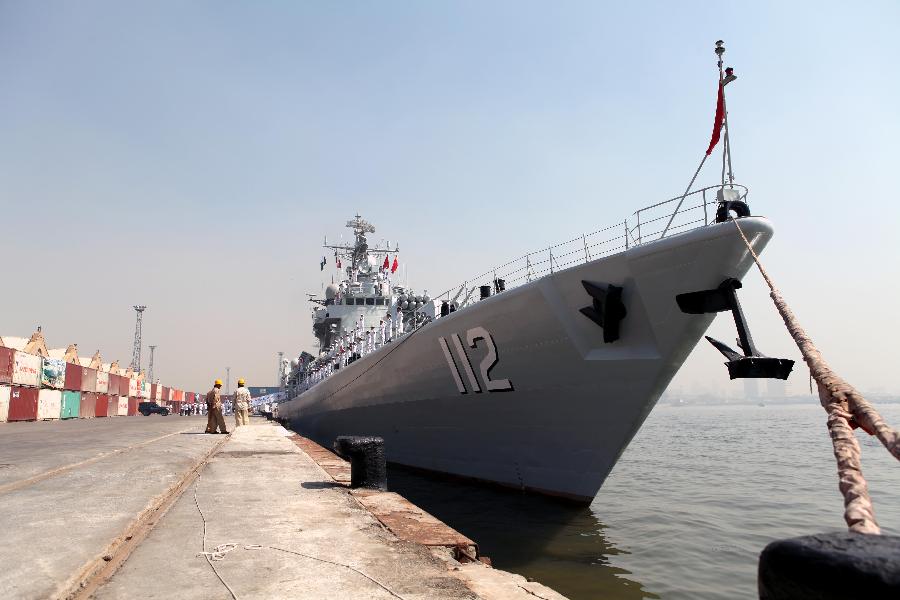 The picture shows the "Harbin" guided missile destroyer of the Navy of the Chinese People's Liberation Army (PLA) docks at Karachi Port, Pakistan, on March 3, 2013. (Xinhua/Rao Rao)