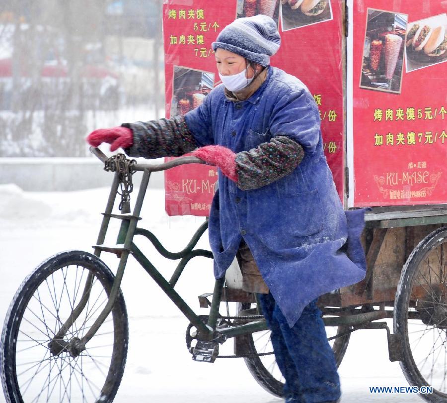 A vendor walks on a snow-covered street with her tricycle in Harbin, capital of northeast China's Heilongjiang Province, March 9, 2013. Local meteorological bureau issued a blue alert against heavy snowfall on Saturday morning. (Xinhua/Wang Song)