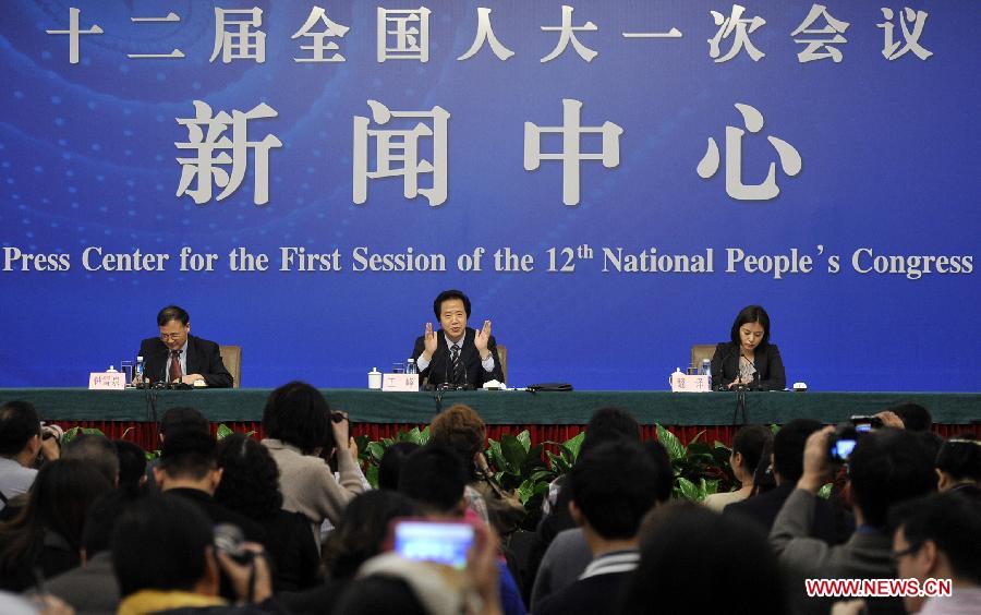 A news conference on the State Council institutional reform and transformation of government functions is held by the first session of the 12th National People's Congress (NPC) in Beijing, China, March 11, 2013. (Xinhua/Wang Peng)