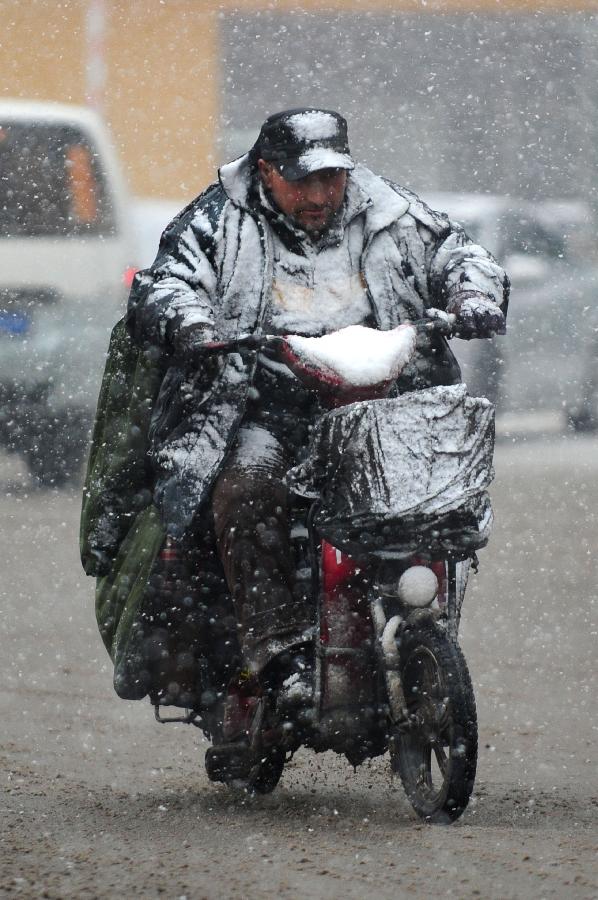 A citizen rides in snow in Shenyang, capital of northeast China's Liaoning Province, March 12, 2013. A cold front brought heavy snowfall to the city on Tuesday. (Xinhua/Pan Yulong) 