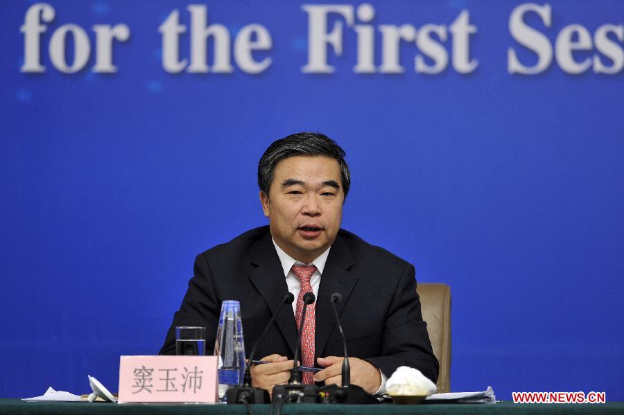 Vice Minister of Civil Affairs Dou Yupei attends a news conference on people's livelihood and social service held by the first session of the 12th National People's Congress (NPC) in Beijing, capital of China, March 13, 2013. (Xinhua/Wang Peng)