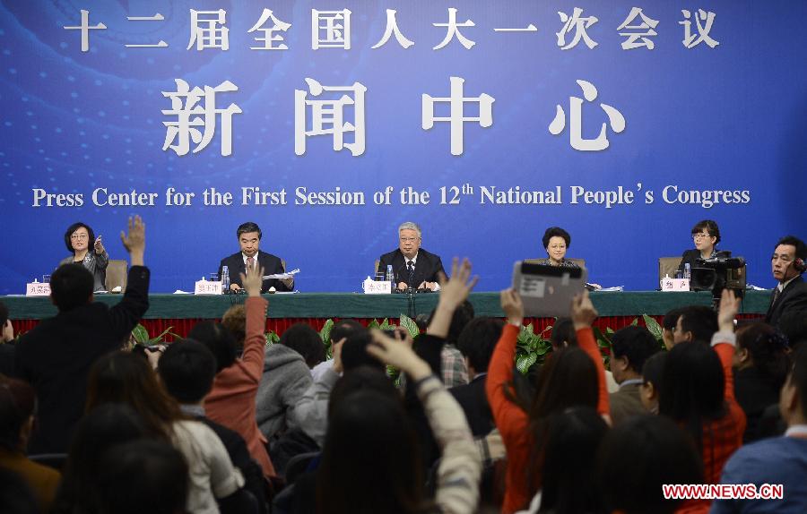 A news conference on people's livelihood and social service is held by the first session of the 12th National People's Congress (NPC) in Beijing, capital of China, March 13, 2013. (Xinhua/Wang Peng)