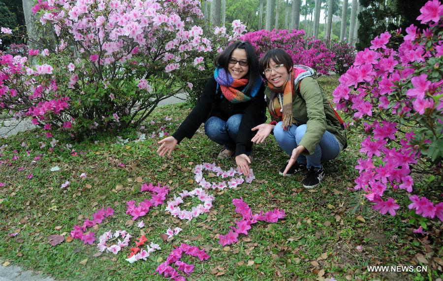 Visitors show the scattered azalea flowers in the shape of the words "Joy Love" in Taipei, southeast China's Taiwan, March 14, 2013. (Xinhua/Wu Ching-teng) 