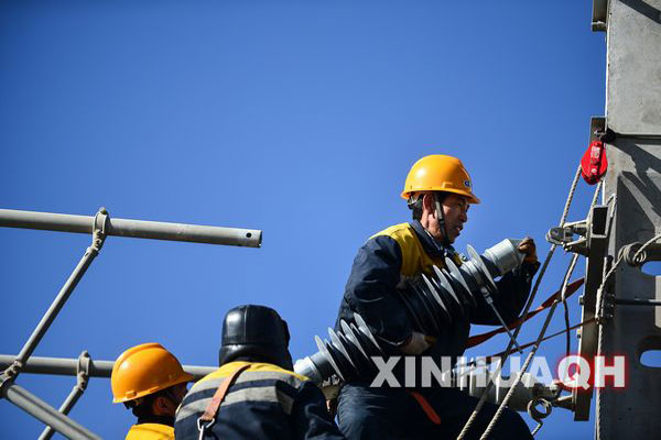 Chen Zhiqi (right) and his colleagues were changing the insulators of overhead line system installed in the stretch of Qarhan Salt Lake of Qinghai Province, northwest China on March 14, 2013. [Photo/Xinhua] 