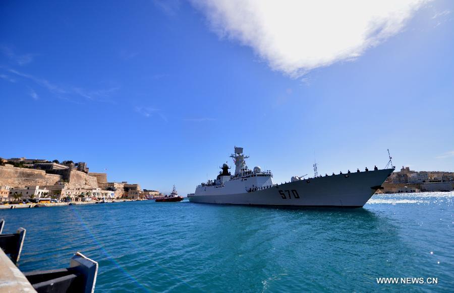 The Chinese Navy's Huangshan frigate arrives at the Grand Harbour in Valletta, Malta on March 26, 2013. The 13th Escort Taskforce of the Chinese Navy arrived in Valletta, Malta on Tuesday, beginning a five-day visit to the country. (Xinhua/Xu Nizhi) 