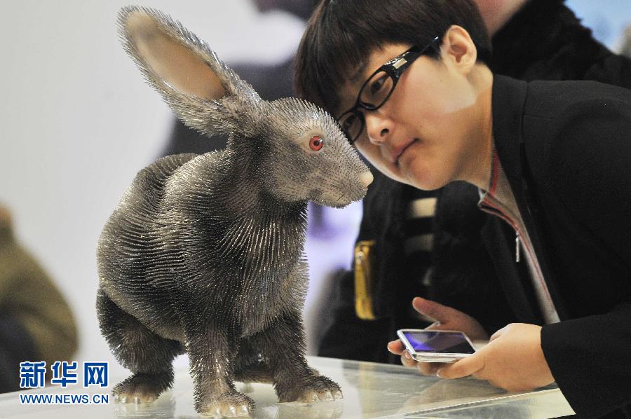 A visitor watches the exhibits made of needles in a shopping center in Shenyang on March 28, 2013. The exhibition “Thousand Needles, Million Pains” is aimed to call on people to boycott fur clothing and protect animals. (Xinhua Photo/ Tian Weitao)