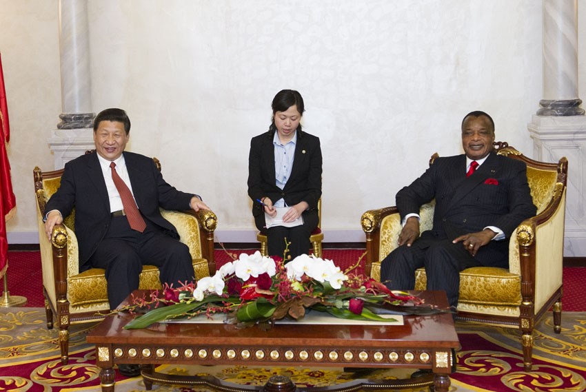 Chinese President Xi Jinping(L) meets with his Congolese counterpart Denis Sassou Nguesso in Brazzaville, capital of the Republic of Congo, March 29, 2013. (Xinhua/Huang Jingwen) 